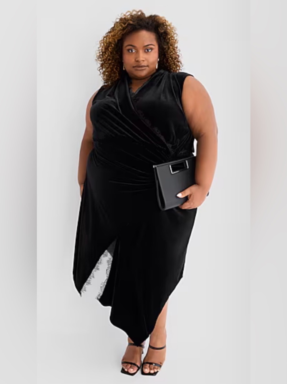 Ashley Graham Deep Black Velvet Asymmetrical Faux Wrap Dress